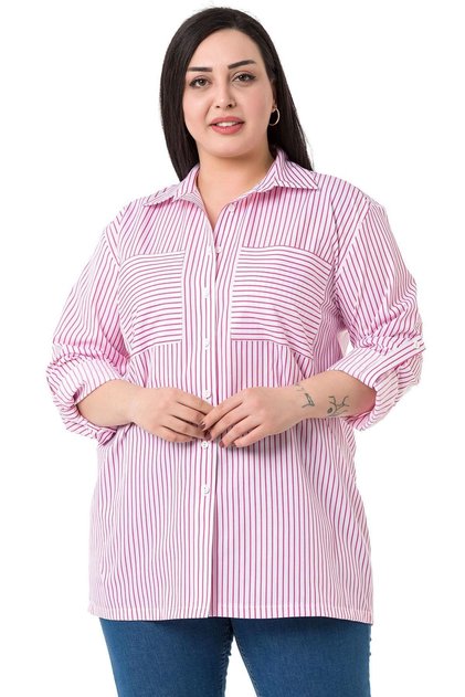 Large Size Fuchsia Striped Shirt with Pocket Detail and Folded Sleeves