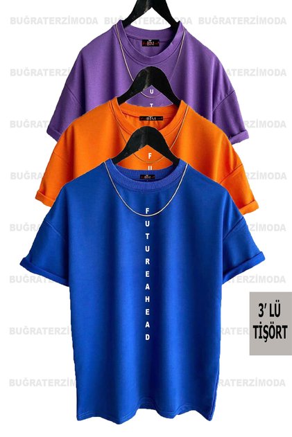 Futureahead Printed Unisex Purple-Orange-Sax Blue (Large Fit) Oversize 3-Piece T-shirt