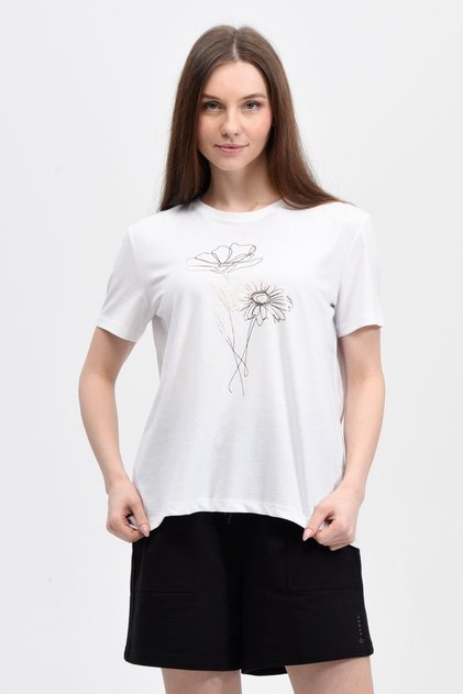 Women's Printed Short Sleeve Back Oval Crew Neck T-shirt White