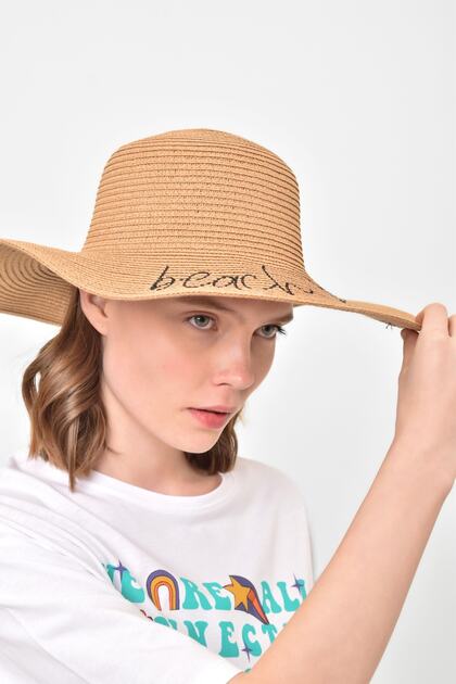 Beach Plase Written Straw Flared Women's Hat