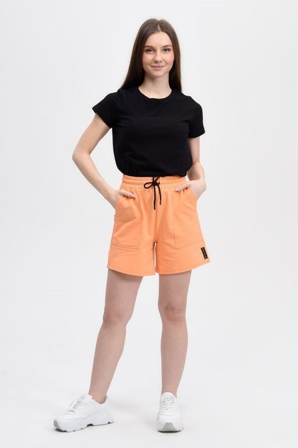 Kadın Beli Lastikli Cepli Etiket Detaylı Regular Fit Şort Oranj