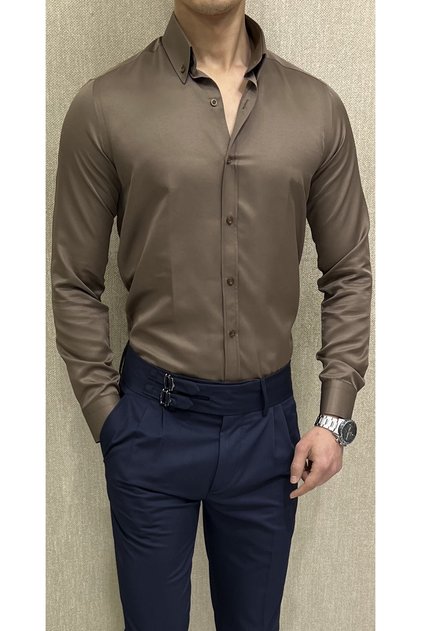 Gömlek Pamuk Saten Slim Fit Düğmeli Yaka