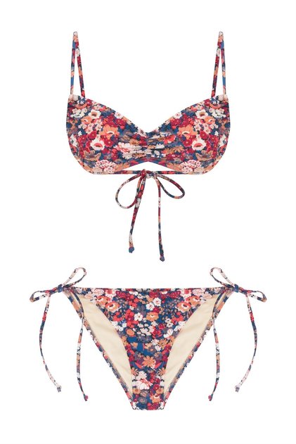 Floral Patterned Gathered Bustier Bikini Set