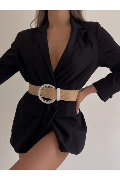 Straw Elastic Women's Belt with Knitted Buckle, Jacket Belt, Shirt Belt, Dress Belt