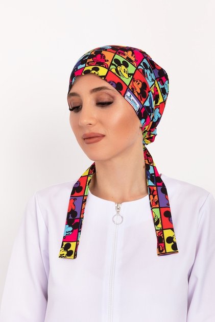 Kareli Mickey Desen Tesettür Hemşire Bonesi Doktor Cerrahi Bone