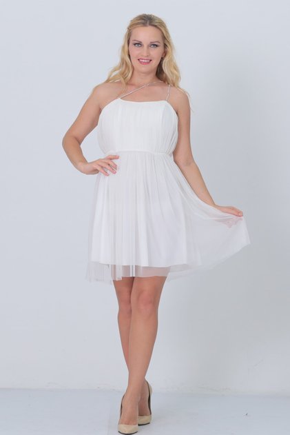 Rochie mini din tul alb cu detaliu curea de piatră ecru pentru femei