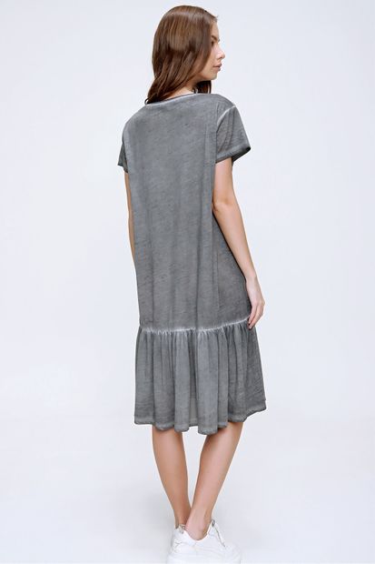 Trend Alaçatı Stili Kadın Antrasit Eteği Volanlı Yıkamalı Elbise MDA-1129 - 5
