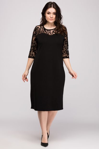 Curvy Kadın Siyah Dantel Detaylı Elbise LY00078 - 1