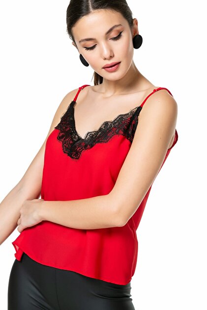 Sateen Kadın Dantel Detay Kırmızı Askılı Bluz 403-1164 - 2