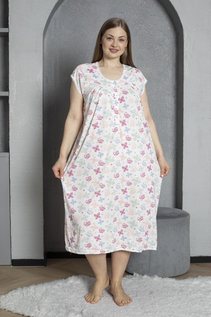 Buttoned Collar Short Sleeve Cotton Combed Plus Size Mother's Nightgown 295