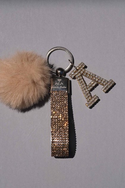 Gold Keychain with Embellished & No Logo & Kemil Mini Pom-Pom & Gold Letter A