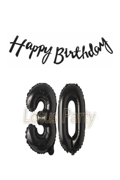 Black 30 Number Foil Balloon Black Happy Birthday Text Banner