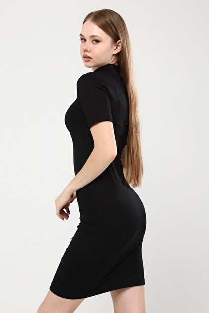 ALL TIME Women's Black Turtleneck Short Sleeve Knitted Mini Dress- Trendyol ALL TIME Women's Black Turtleneck Short Sleeve Knitted Mini Dress- Trendyol