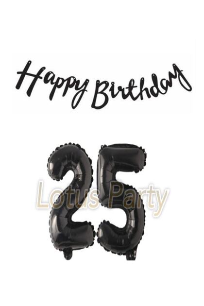 Black 25 Number Foil Balloon Black Happy Birthday Text Banner