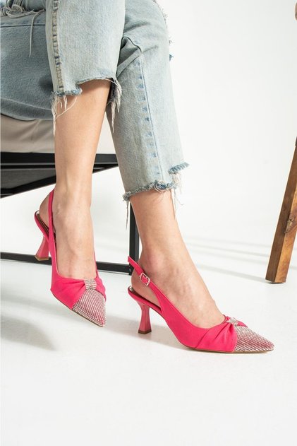 Fuchsia Satin Women's Heeled Shoes with Stone Front