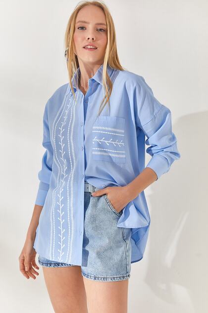 Baby Blue Pocket Detailed Printed Woven Shirt GML-19000985