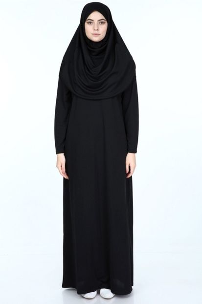 erva collection Kadın Siyah Başörtülü Pratik Namaz Elbisesi - 1