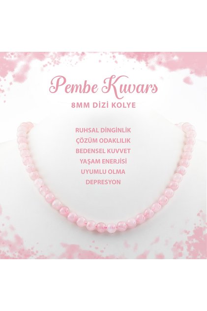 Certified Pink Quartz (Rose Quartz) 8 mm Sequence Natural Stone Necklace