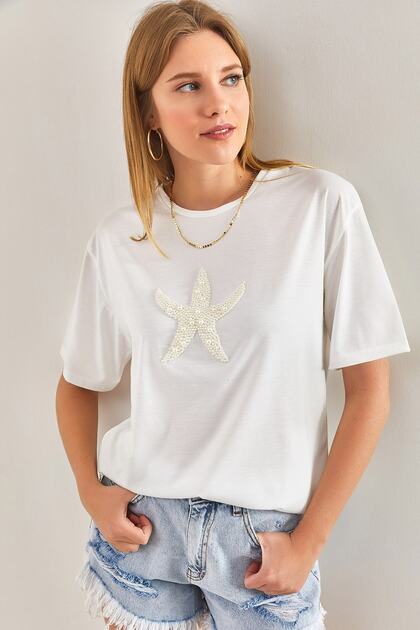 Women's Ecru Star Pearl Stone Embroidered Combed Cotton Tshirt 40821023