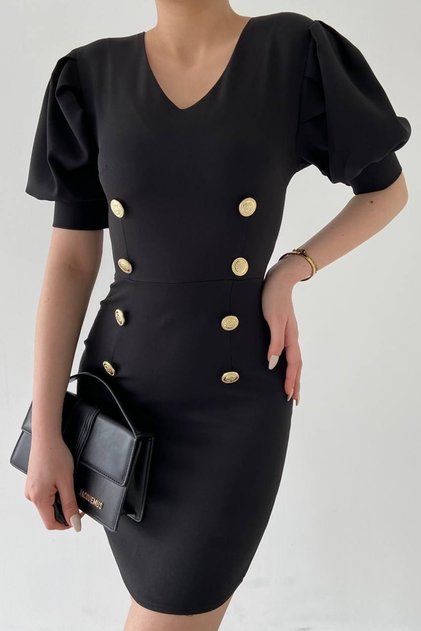 Cotton Fabric Button Accessory Balloon Sleeve V-Neck Black Dress 156