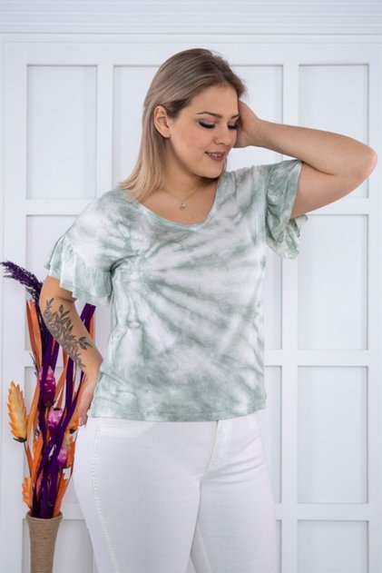 V-Neck Sleeve Ruffle Detailed Batik Tshirt