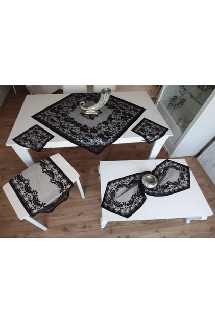 Knitted Rose Patterned Living Room Set (6 Pieces) (black)