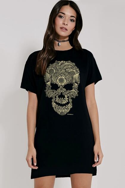 ROCKANDROLL Women's Black Tattoo Skull Short Sleeve Combed Cotton