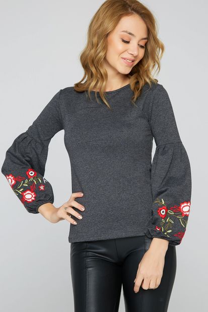 Fulla Moda Kadın Antrasit Nakışlı Sweatshirt - 1
