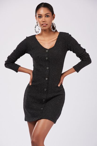 Cool & Sexy Kadın Siyah Düğmeli Elbise MP308 - 2