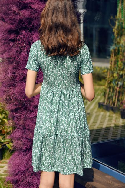 Trend Alaçatı Stili Kadın Yeşil Çiçek Desenli Valonlu Elbise ALC-019-017-K - 3