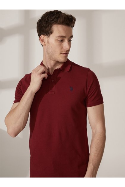 Burgundy Polo Collar Pocketless Slim Fit Basic T-shirt