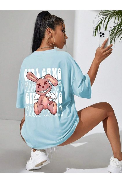 Girl Gang Printed Baby Blue Oversize T-shirt Casual Boyfirend