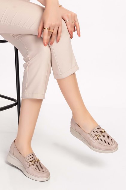 Genuine Leather Anatomical Sole Buckle Detailed Comfortable Shoes Ndr.106 - Ice Gray - 36