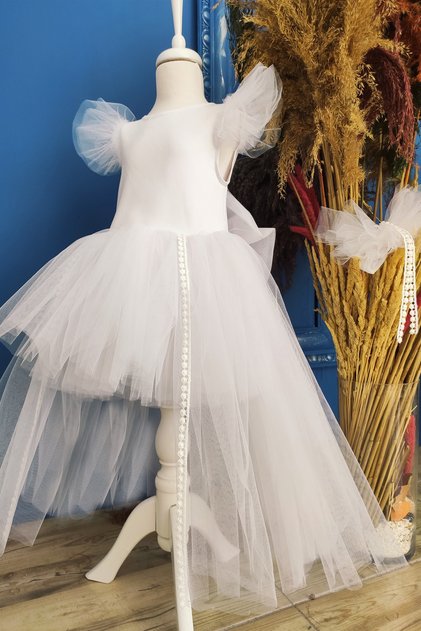White Bow Tutu Birthday Dress and Bandana Set, Children's Evening Dress