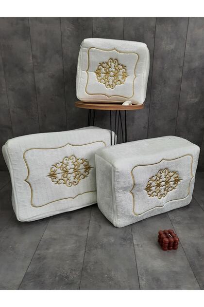 Rumeli Cream-Colored Dowry Box with Gold Embroidery, 3-Piece Set, Wedding Engagement Box, Bride and Groom Box
