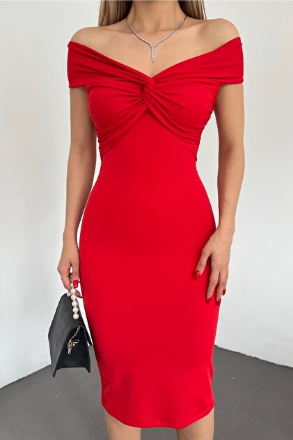 vuvutasarm Women's Flexible Diving Fabric V-Neck Midi Length Red Evening  Dress & Red Graduation Dress 5038- Trendyol