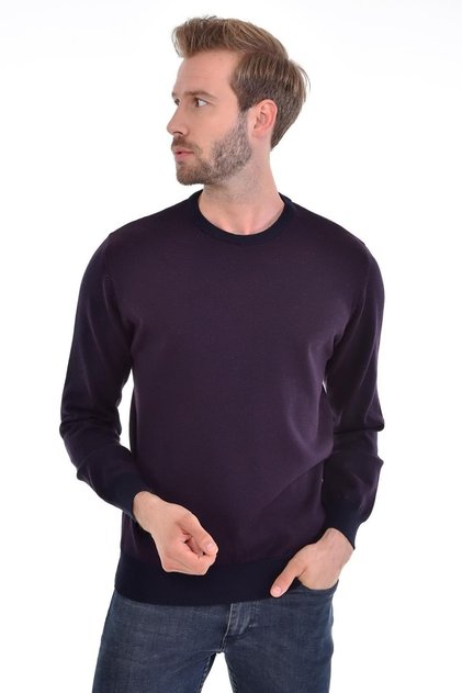 Men's Crew Neck Cotton Knitwear Navy Blue Sweater Patterned Woven
