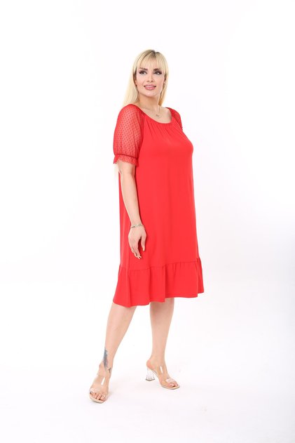Rochie Xlmodam pentru femei, marime mare, roșu, lycra, viscoză, model Madonna, cu mâneci, detaliu din tul