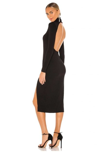 Women's Turtleneck Front Slit Detail Back Low-Cut Silk Jersey Midi Dress