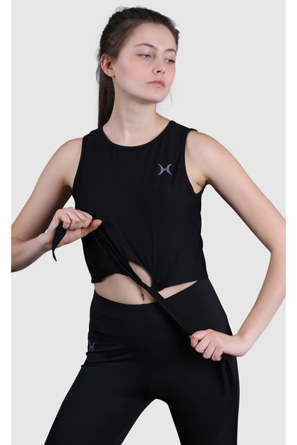 Women's Crop Athlete Undershirt Black with Belly Tie Hlv1338