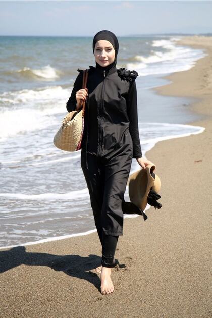 3-Pack Parachute Black Epaulette Detailed Zippered Fully Covered Hijab Swimsuit M2029