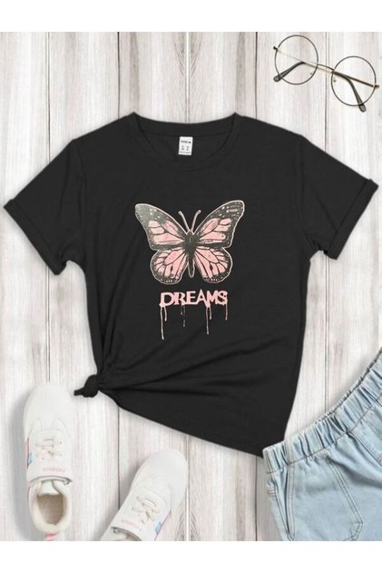 Black Pink Dreams Butterfly Printed Kids Tshirt