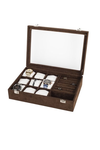 Watch + Ring + Cufflink + Glasses Multi-Purpose Jewelry Box Leather Coating on Wooden Case