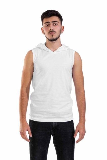 Unisex White Basic Hooded Sleeveless T-shirt