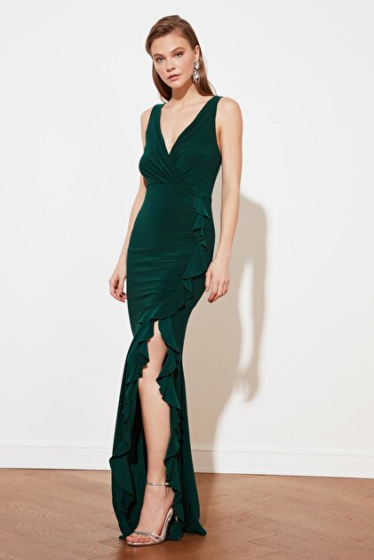 Trendyol Collection Emerald Green Body Fitted Lined Flounces Knitted Long  Evening Dress Night Graduation Dress Tprss19Ut0026- Trendyol