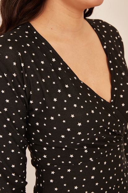 Olalook Kadın Siyah Kruvaze Yıldızlı Elbise ELB-19000117 - 4