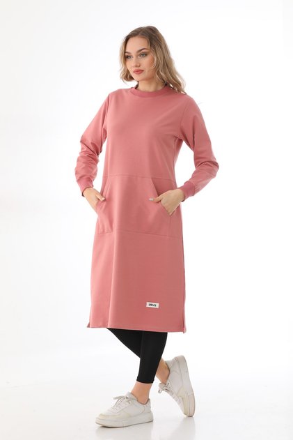 Tesettür Cepli Uzun Tunik 110cm Gül Kurusu 1402