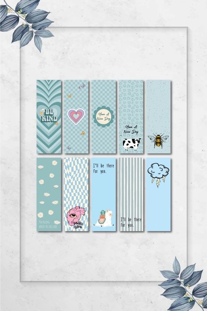 Blue Colored Text Mixed Design 10 Pieces Bookmark Set Pytkayrac52
