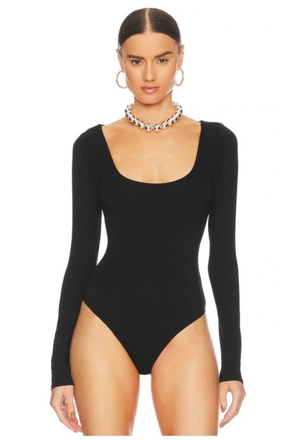 Kadın Siyah U Yaka Uzun Kol Ipek Jarse Bodysuit