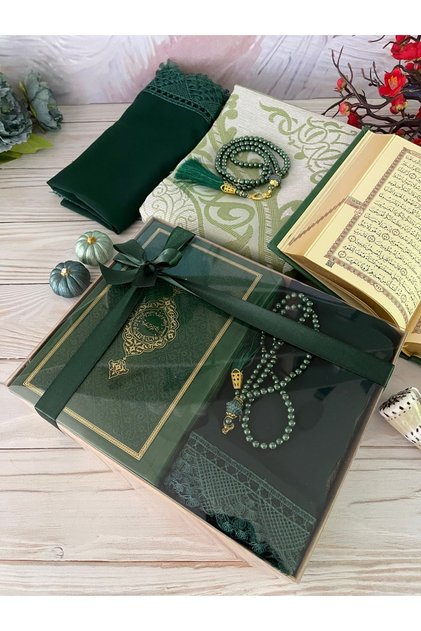 Termo Deri Kuran-ı Kerim Lüks Şal Tafta Seccade Inci Tesbih Çeyizlik Bohça Ev Konsept